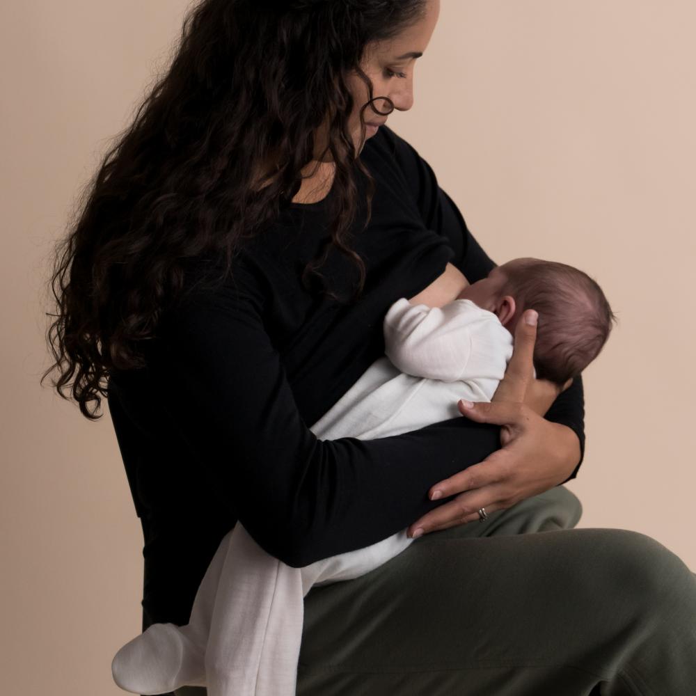 Woman Breastfeeding in Merino Tencel Breastfeeding Top