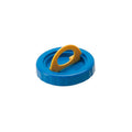 Blue plastic lid with a yellow handle on a white background