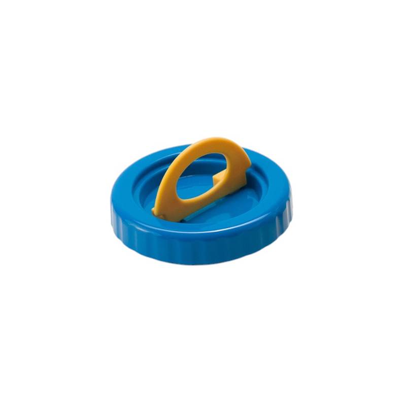 Blue plastic lid with a yellow handle on a white background