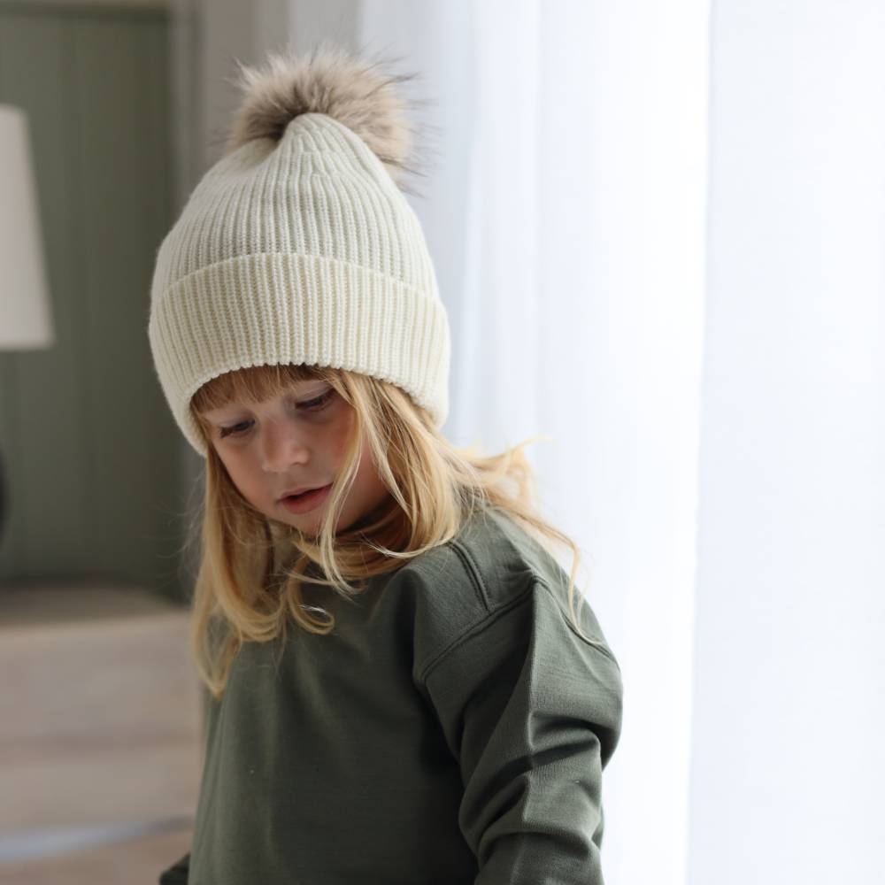 Merino Knit Pompom Beanie - Natural
