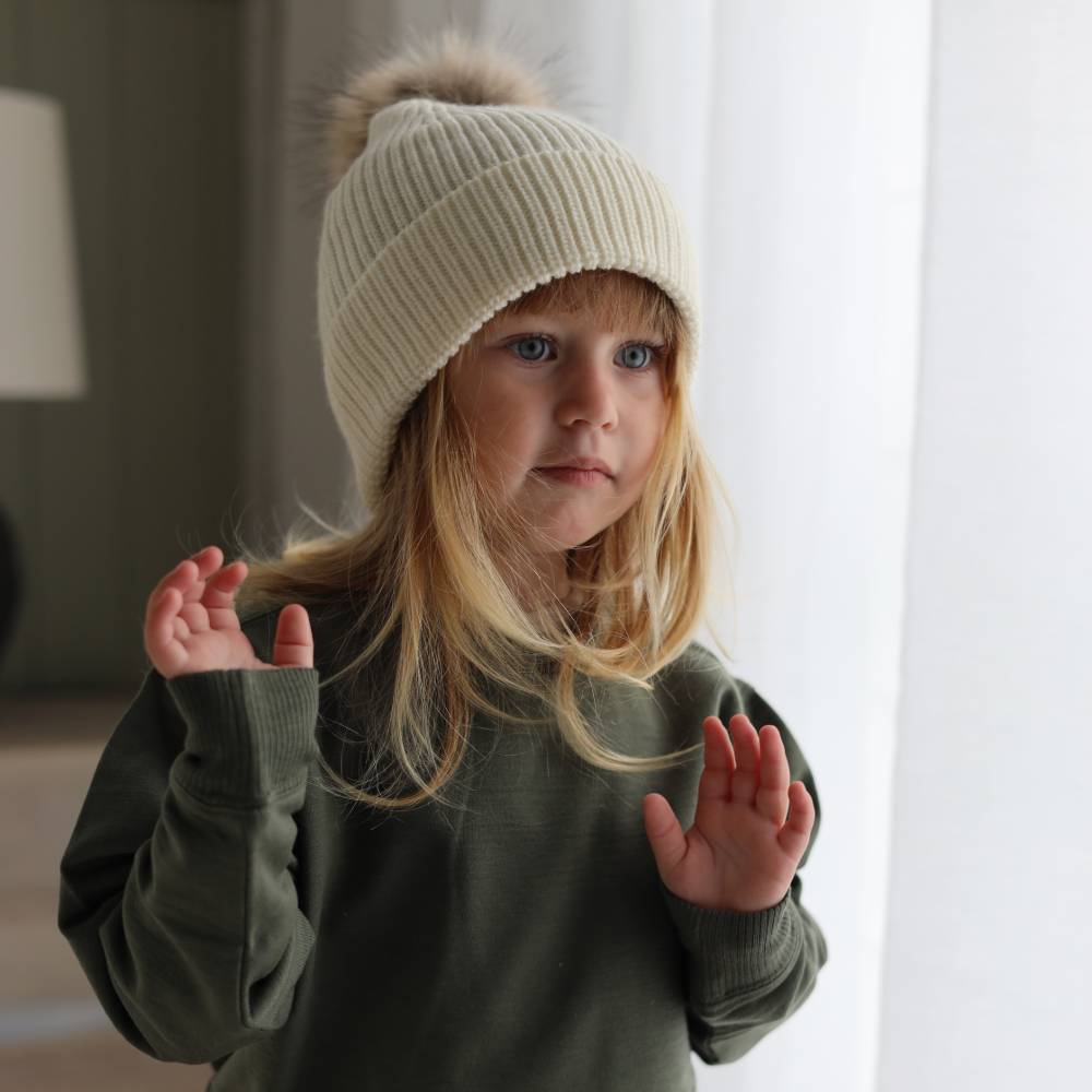 Merino Knit Pompom Beanie - Natural
