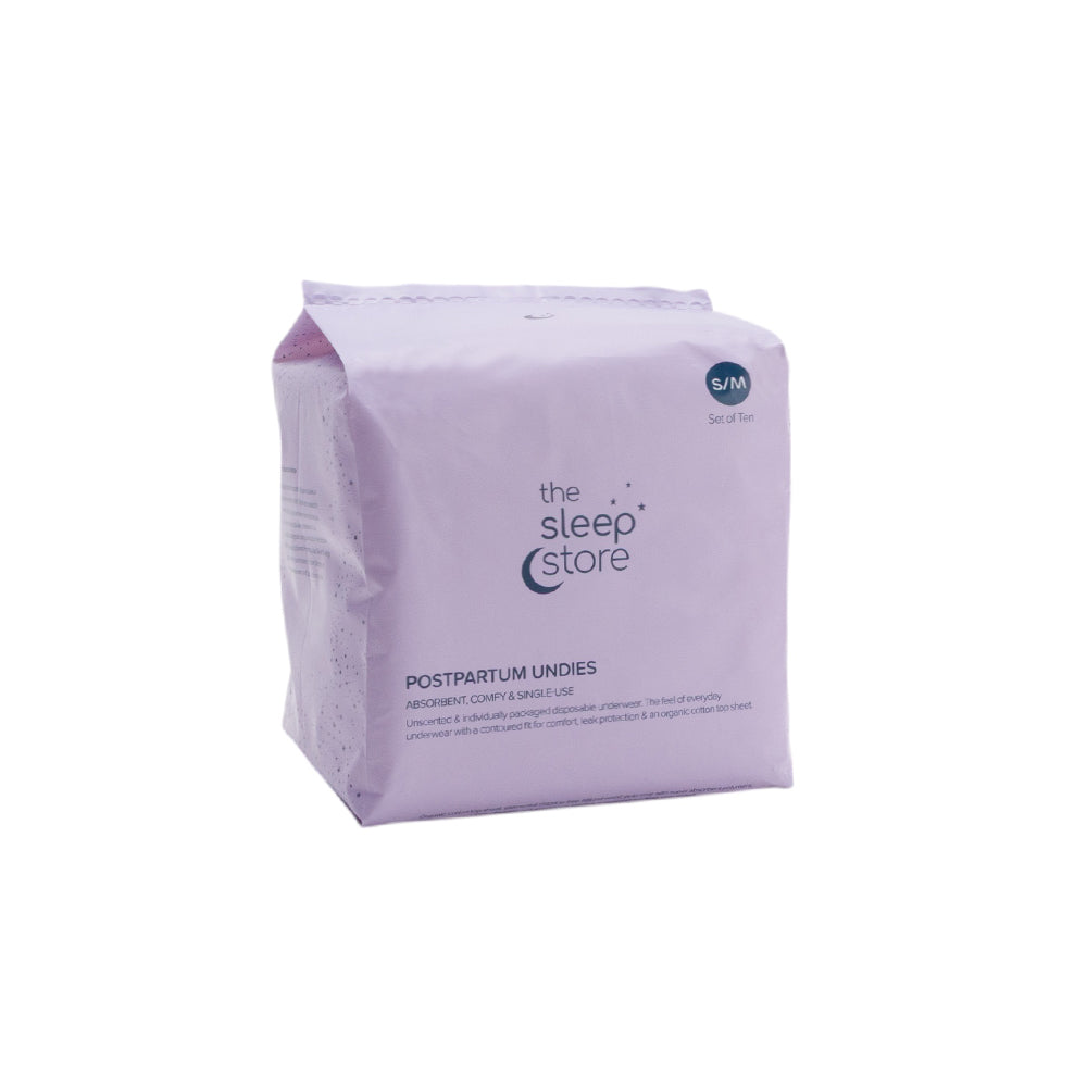Purple pack of postpartum underwear from 'the sleep store' on a white background