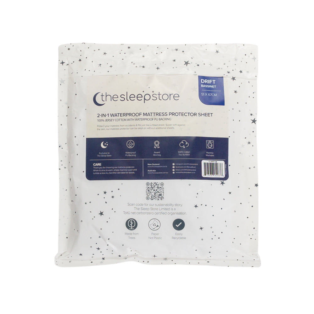 A package of thesleepstore 2-in-1 waterproof mattress protector sheet, featuring a white background with black star speckles and a dark blue label panel.