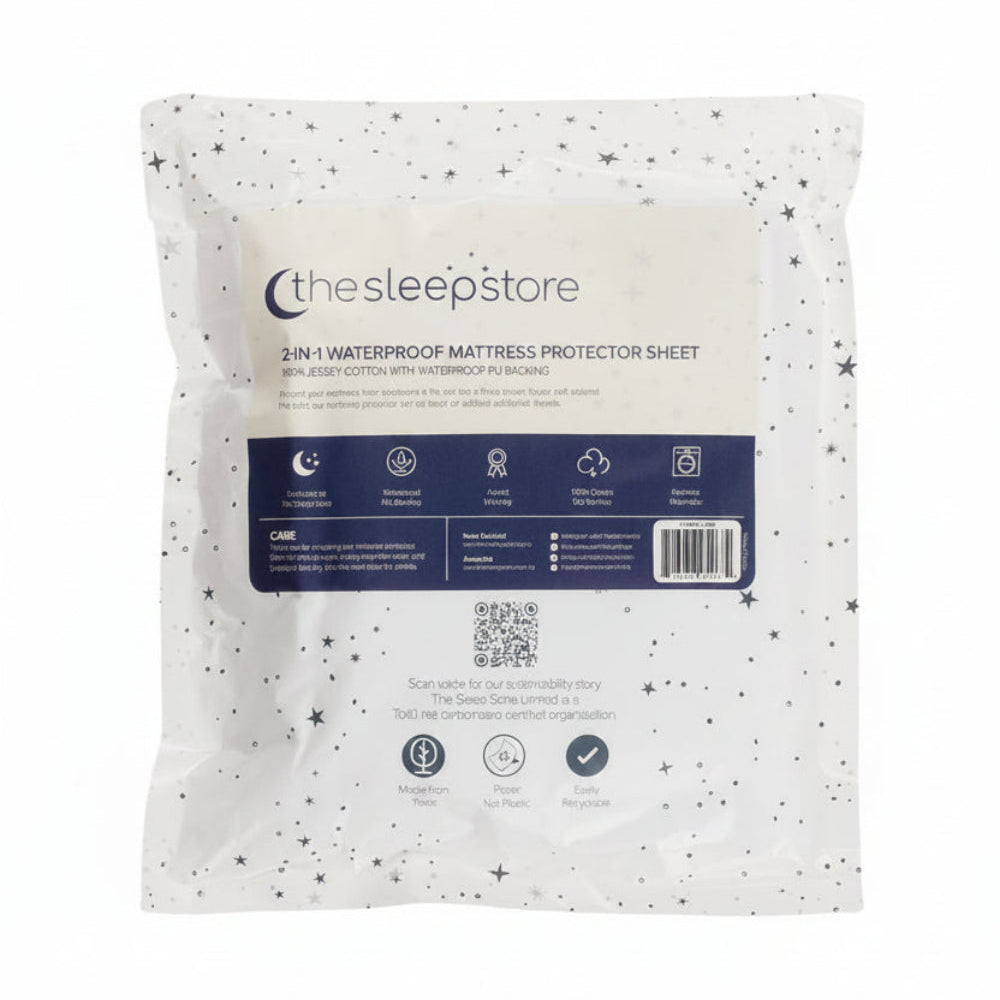 Waterproof mattress protector and fitted sheet in Sleep Store recyclable paper packaging