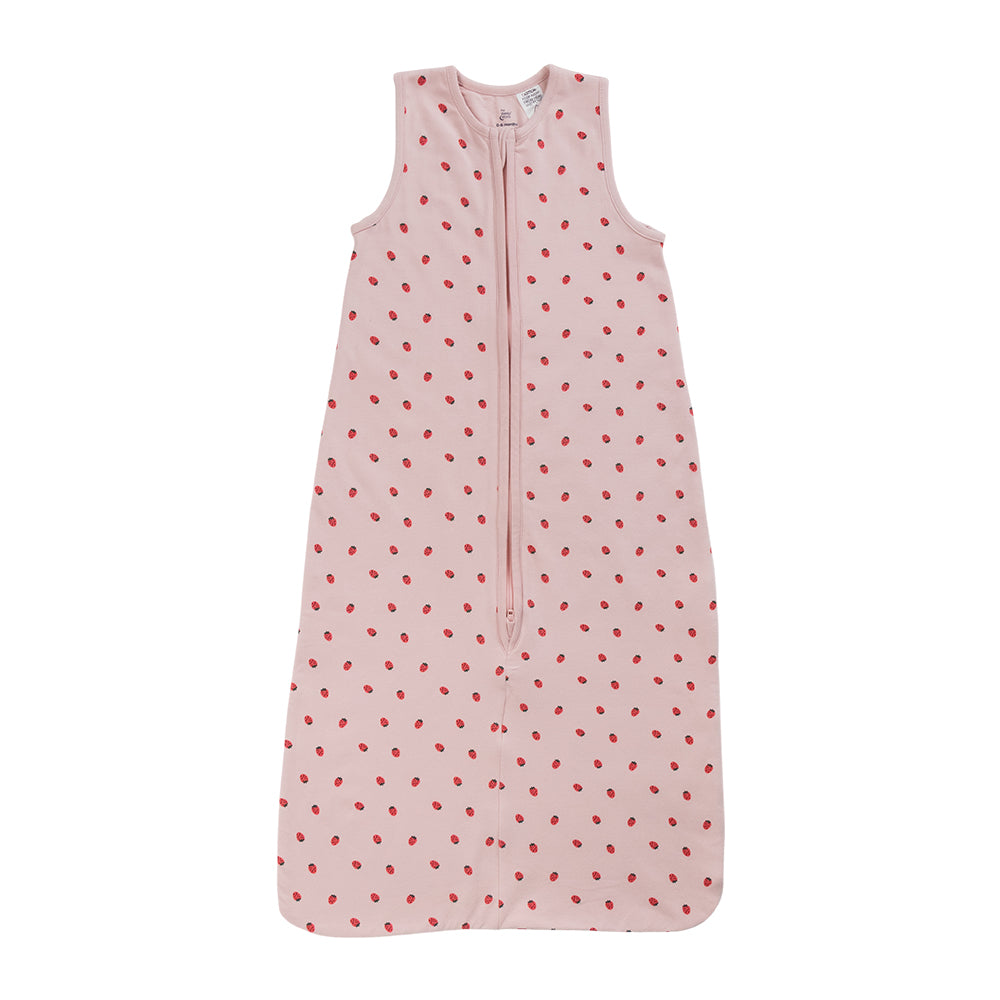 A sleeveless cotton baby sleep sack with a blush strawberries print shown flat against a white background.