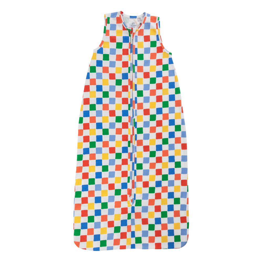A sleeveless cotton baby sleep sack with a check print, shown flat against a white background.