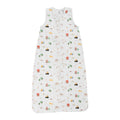 A sleeveless cotton baby sleep sack with a farmyard print, shown flat against a white background.