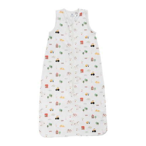 A sleeveless cotton baby sleep sack with a farmyard print, shown flat against a white background.