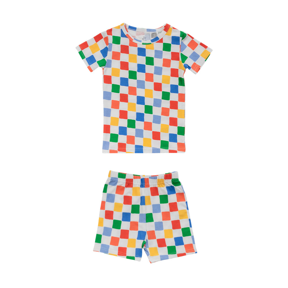 Cotton summer Pjs in a bright colour check print on a white background. 