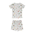 Cotton summer Pjs on a white base with an all over farmyard print on a white background. 