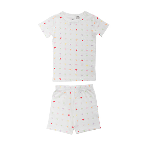 Cotton summer Pjs on a white base with an all over mini hearts print on a white background. 