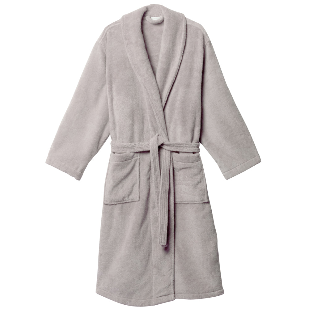 Grey cotton towelling bathrobe with waist tie on a white background