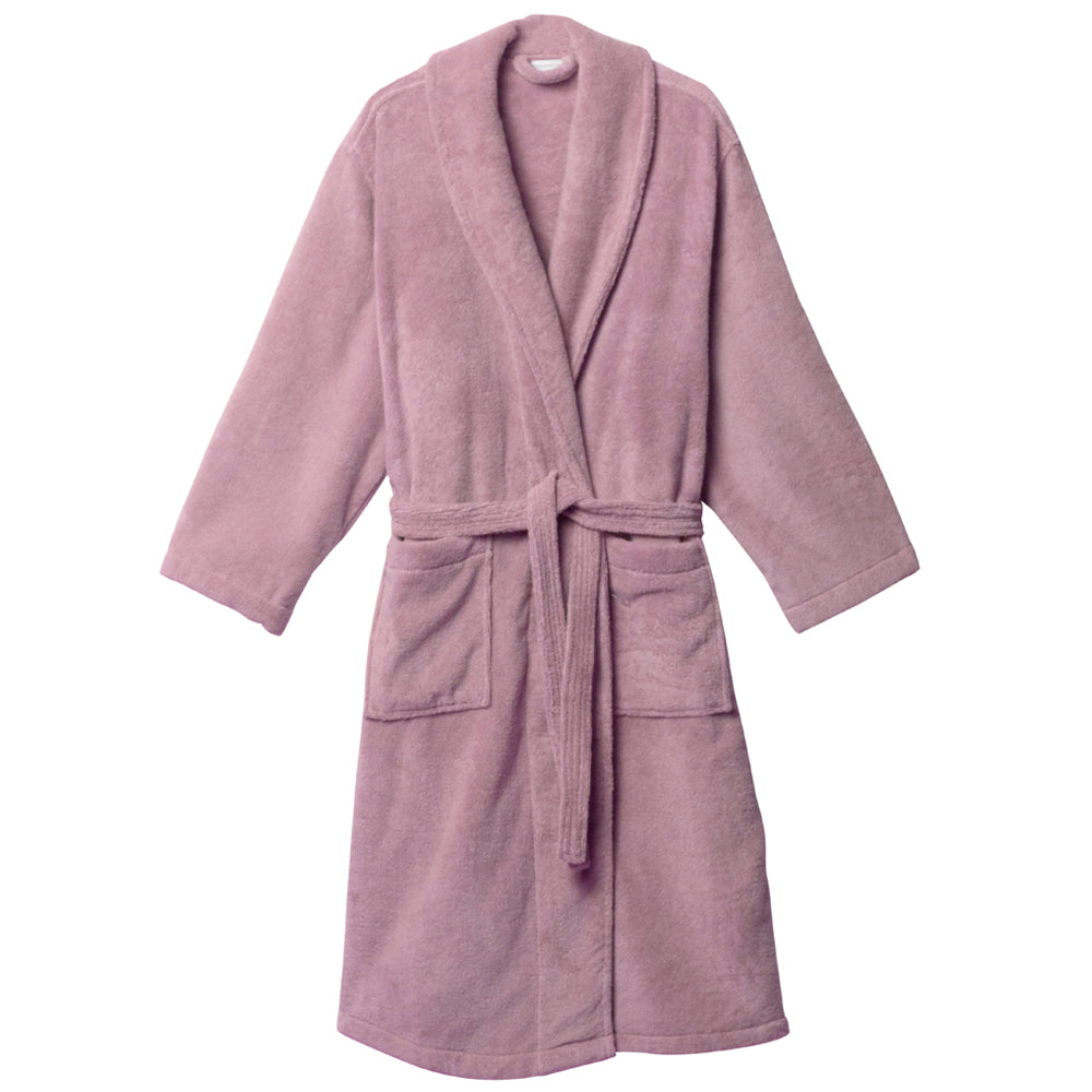 Pink cotton towelling bath robe on a white background