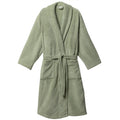 Sage green cotton towelling robe with waistband on a white background