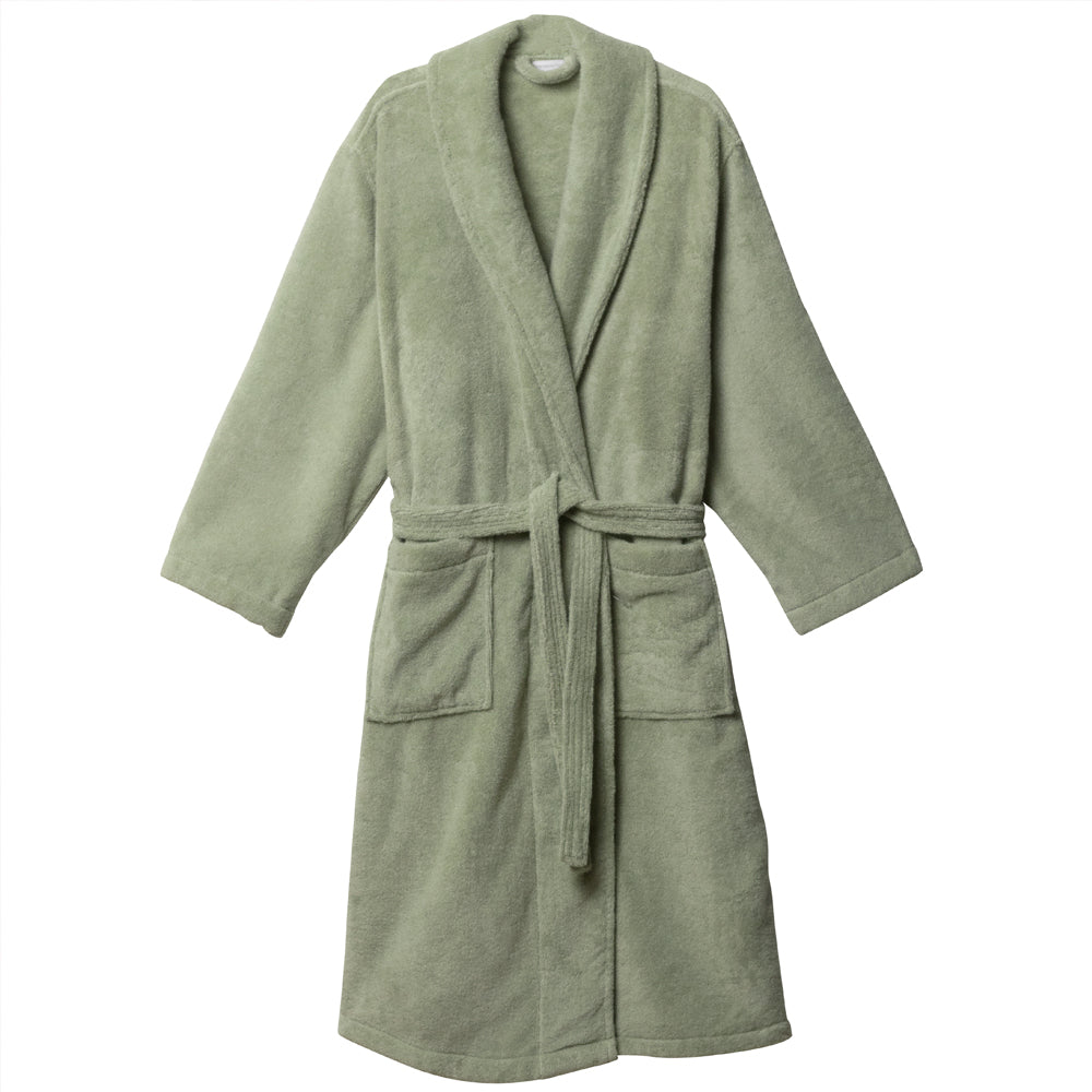 Sage green cotton towelling robe with waistband on a white background