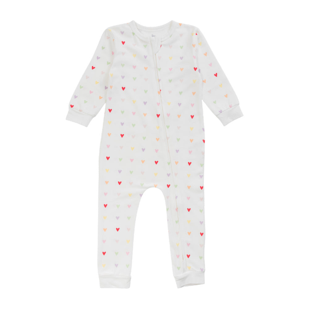 Cotton Zipsuit with a white base and an all over heart print on a white background. 