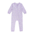 Cotton Zipsuit with a lilac base and an all over floral print on a white background. 
