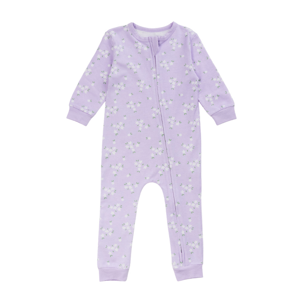 Cotton Zipsuit with a lilac base and an all over floral print on a white background. 