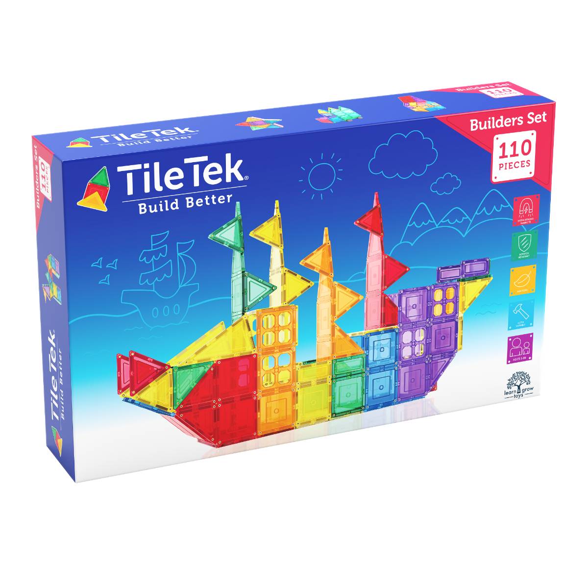 TileTek Builders Set toy box showing a colorful magnetic tile ship model on a blue and white background, with text indicating 110 pieces.