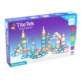 TileTek Build Better Builder Set 'Pastel Pack' toy box containing 112 pieces, featuring a purple and blue design with illustrations of colorful magnetic tiles built into towers and houses.