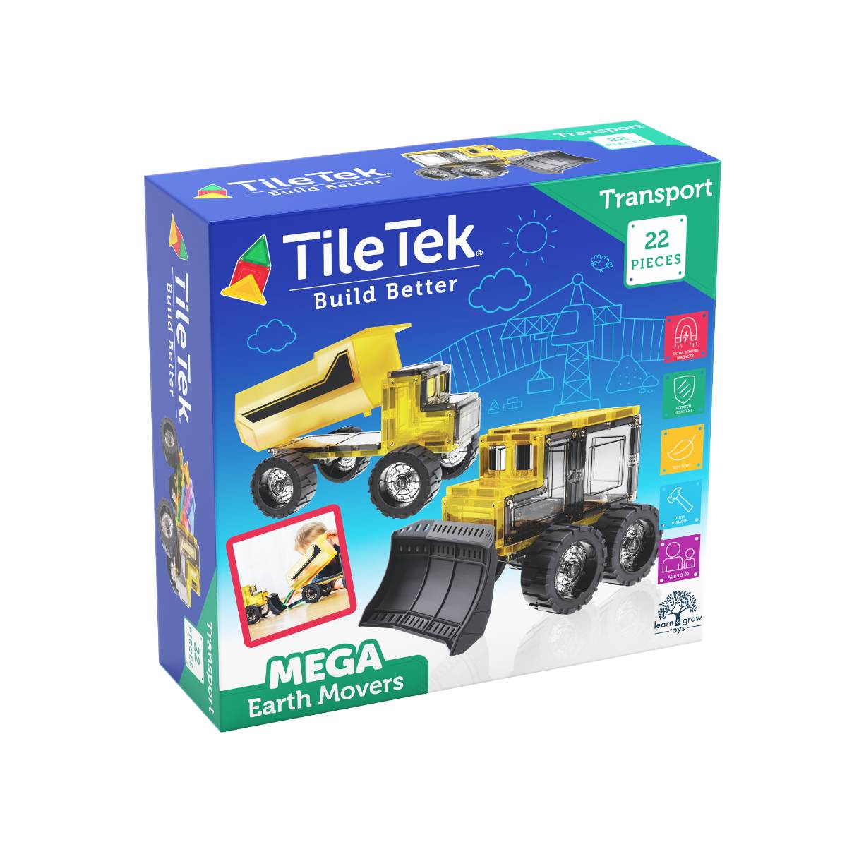 TileTek Mega Earth Movers toy set in its retail packaging, featuring a blue box with illustrations of a yellow dump truck and a yellow bulldozer with black earth mover pieces.