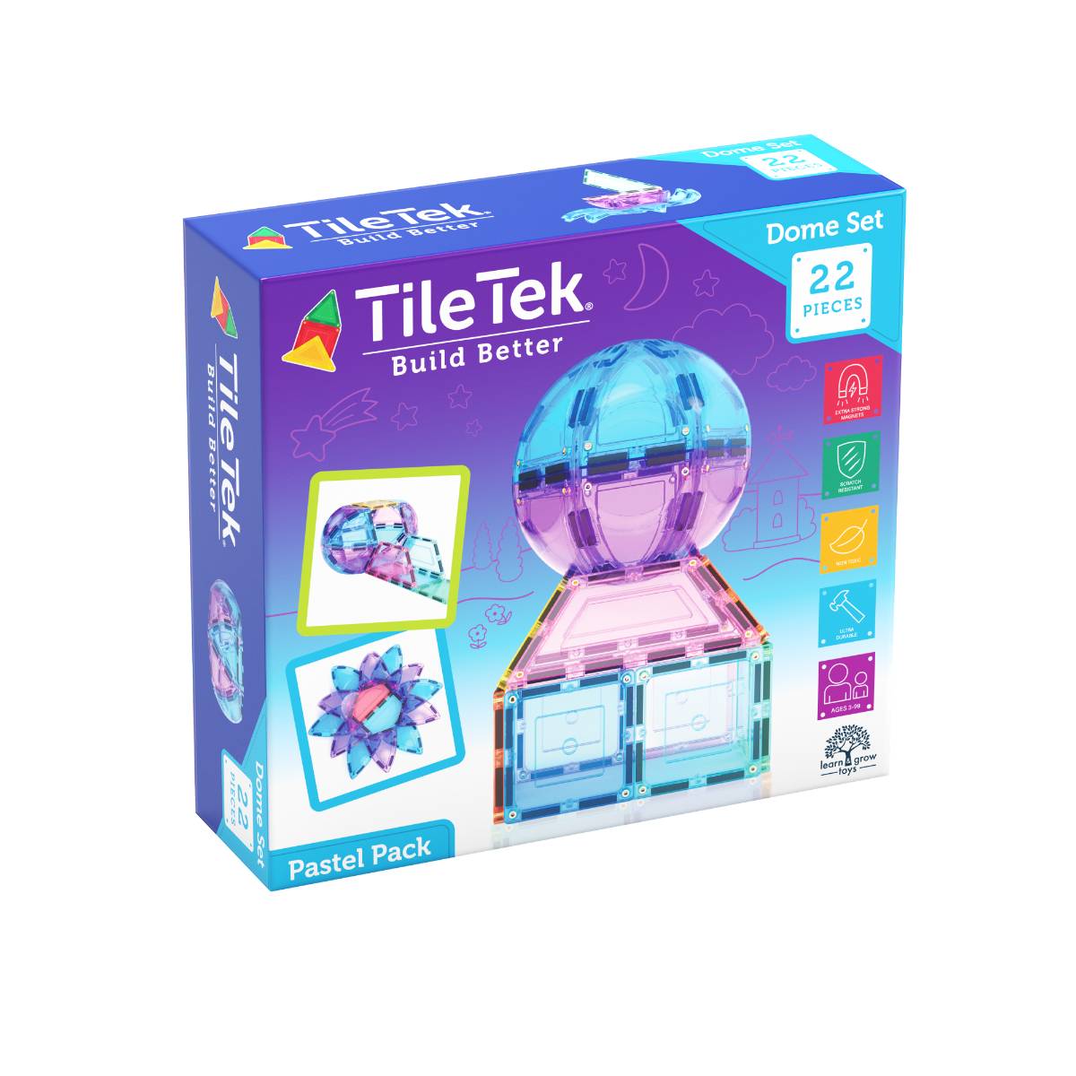 TileTek Dome Set 22-piece pastel building toy box on a plain white background.