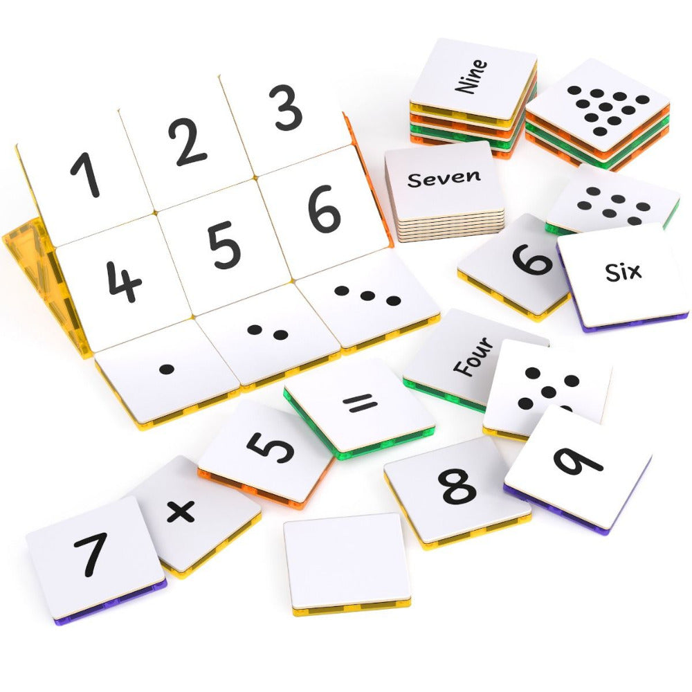Educational math flashcards with numbers and operations on a white background