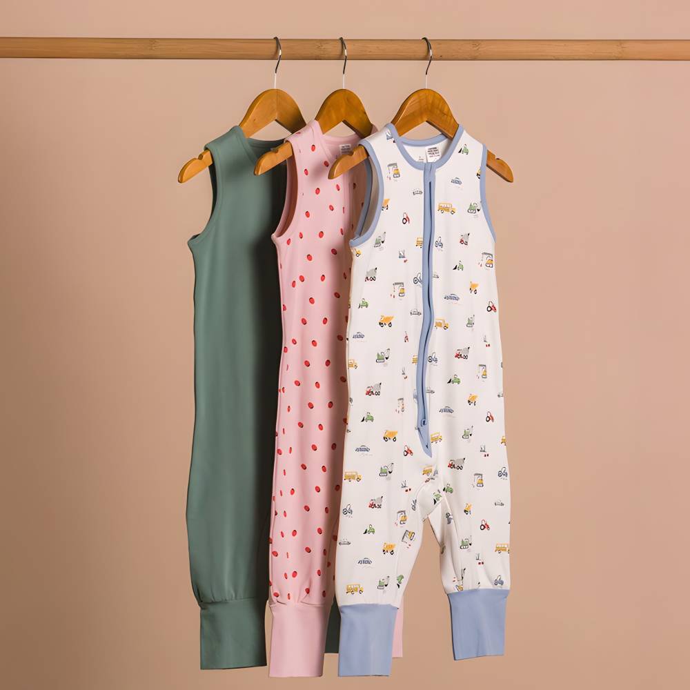 Three children's sleepsuit on hangers against a beige background