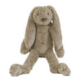 A plush stuffed bunny toy in a light taupe-brown color, sitting against a plain white background.