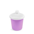 A purple silicone baby cup with a white lid and spout, shown on a clean white background.