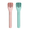Two colorful fork and spoon set, one pink and one green, on a white background.