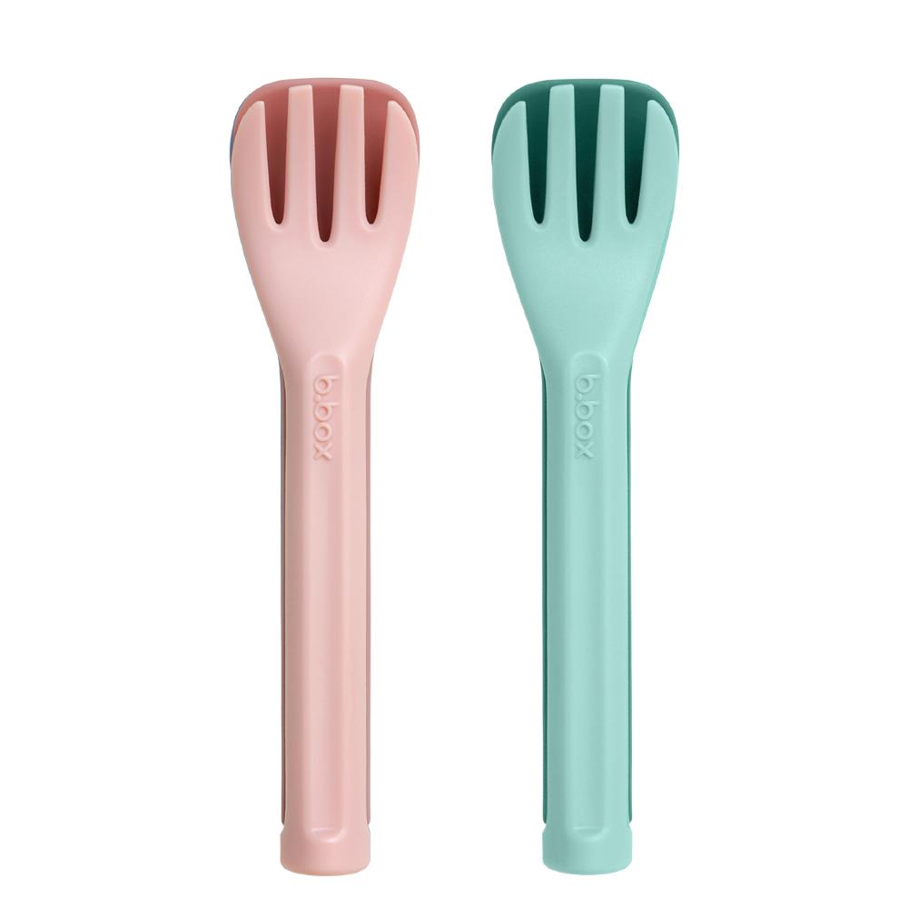 Two colorful fork and spoon set, one pink and one green, on a white background.