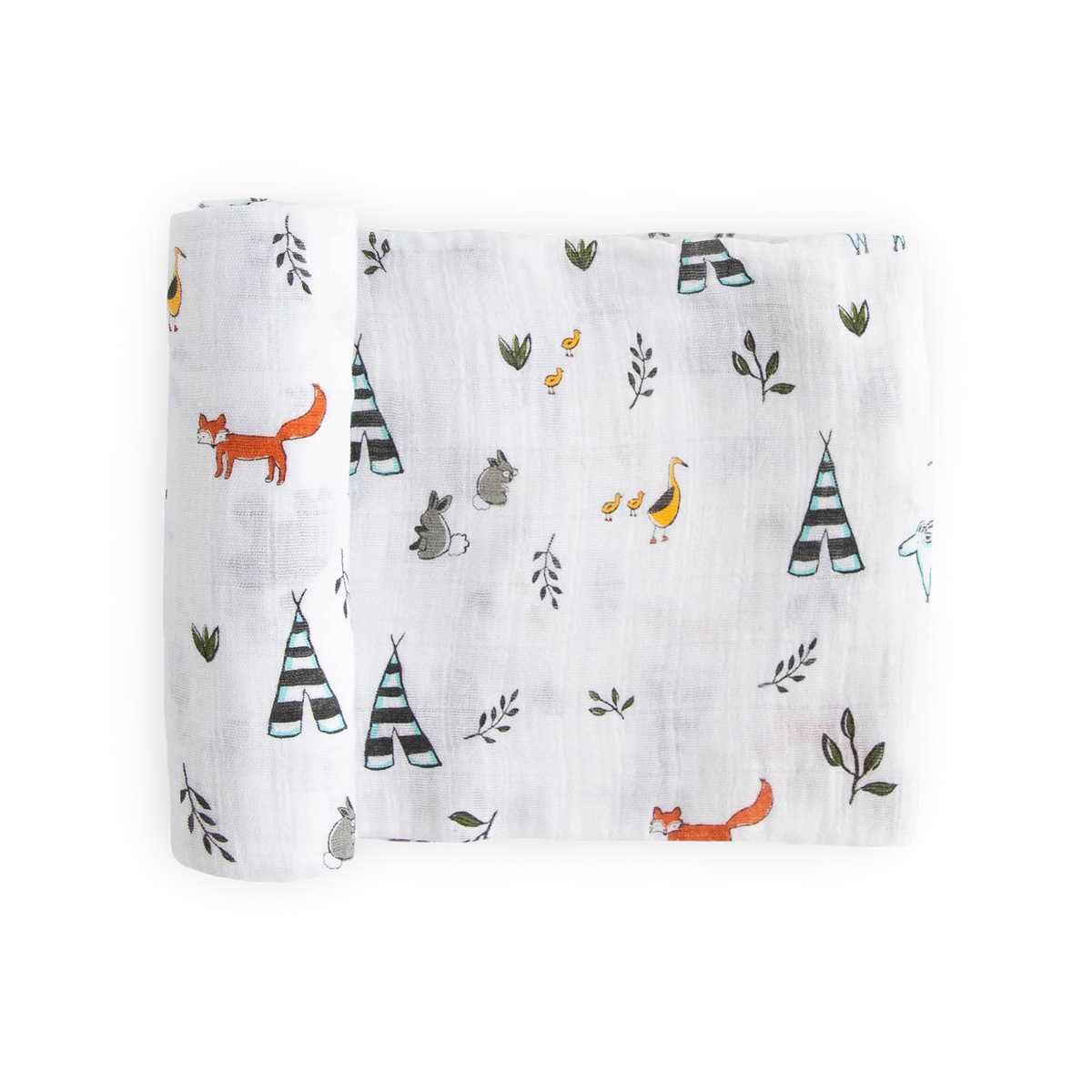 A white cotton muslin swaddle wrap with forest-themed patterns on a white background