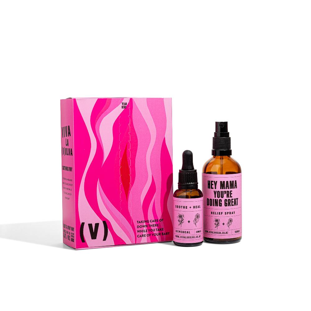 Viva La Vulva spray kit against white background.