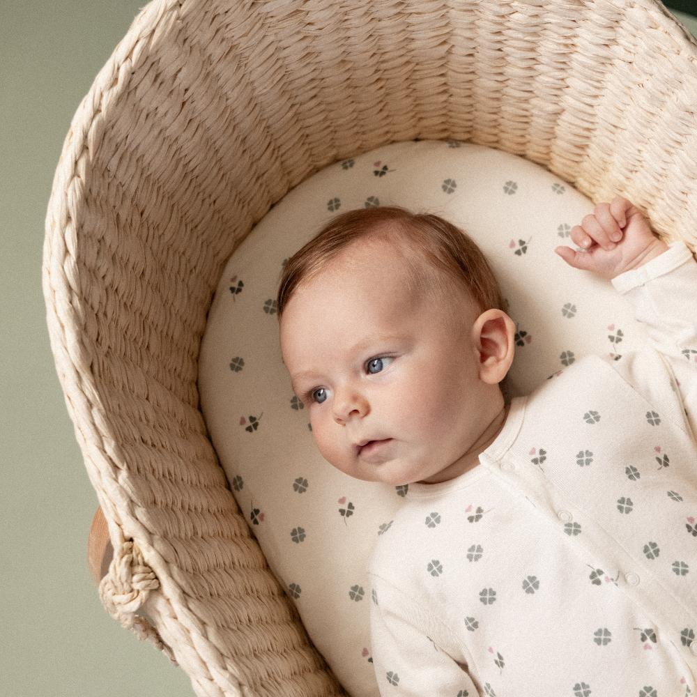 Baby with blue eyes lying in a beige woven basket with a cream and green clover print and matching patterned sheet against a green background