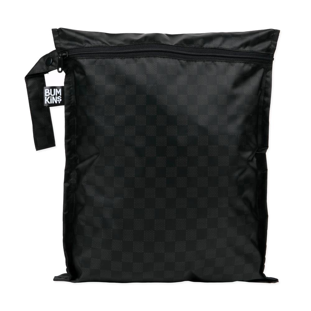 Rich Black Bumkins wet bag with handle against a white background 