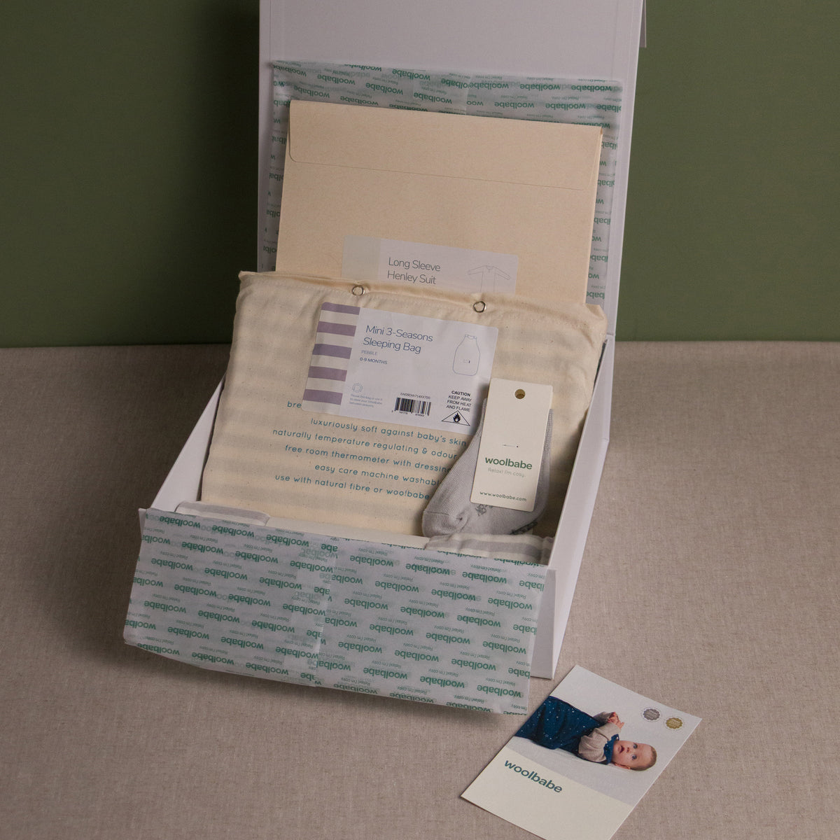 Unopened WoolWalls baby blanket set with packaging on a neutral background