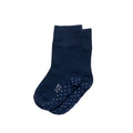 Pair of navy blue socks with small white grippy dots on a white background