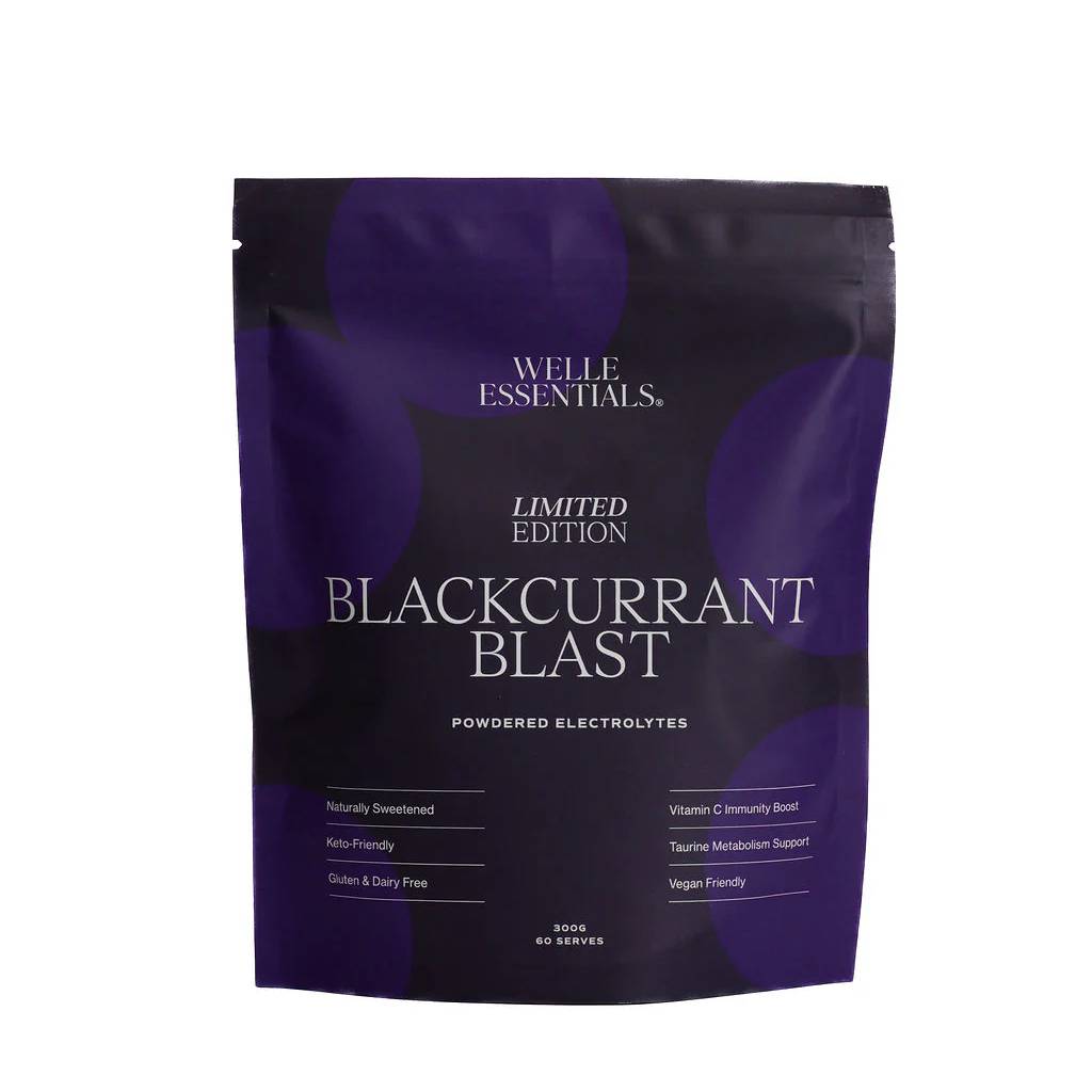 Purple electrolyte pouch against white background.