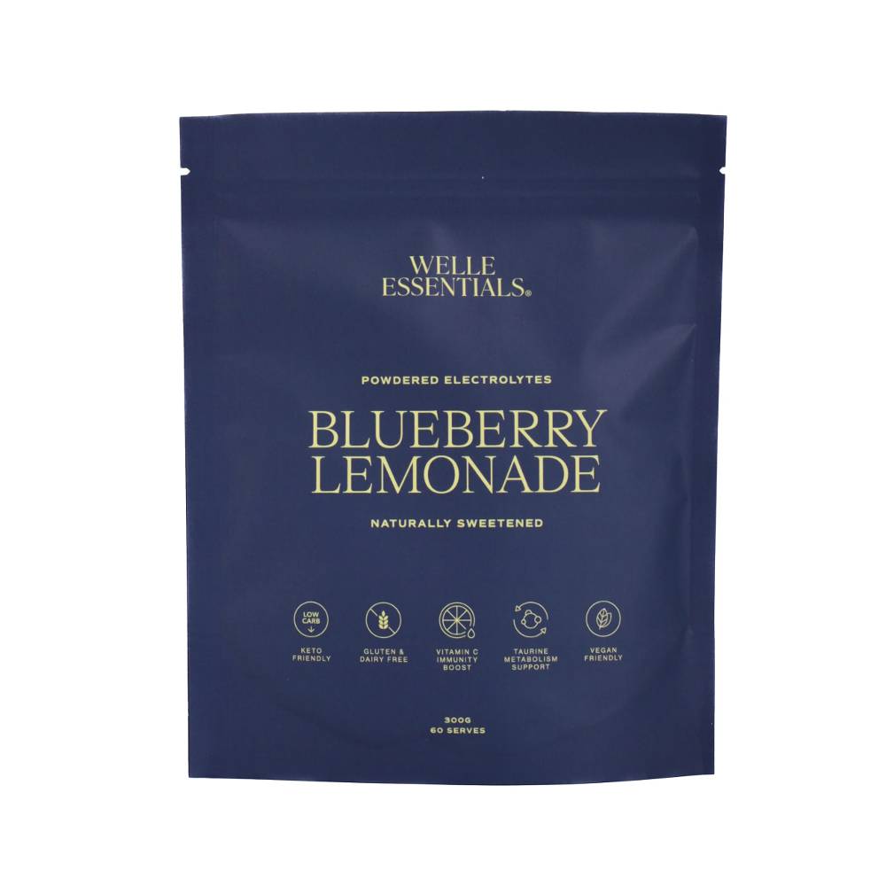 Blue electrolyte pouch against white background.