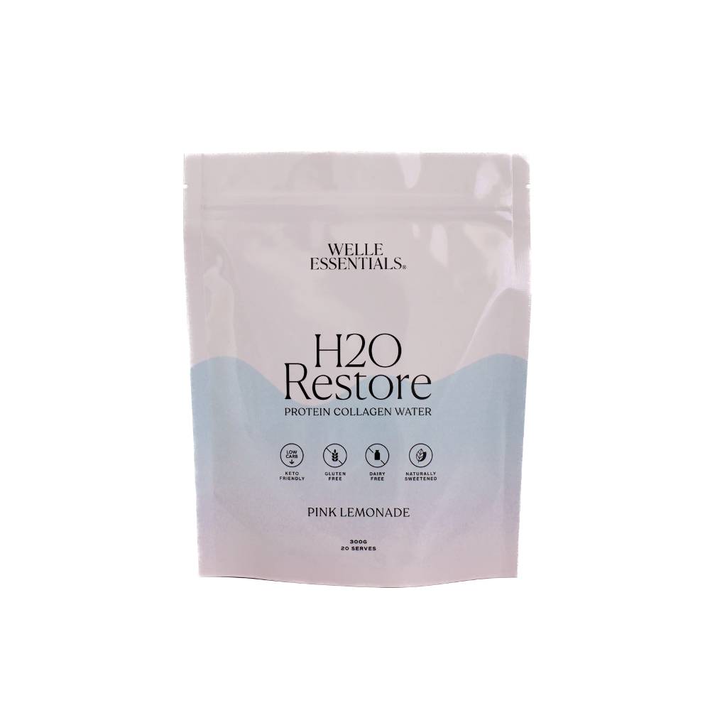 Purple h20 drink pouch against white background.