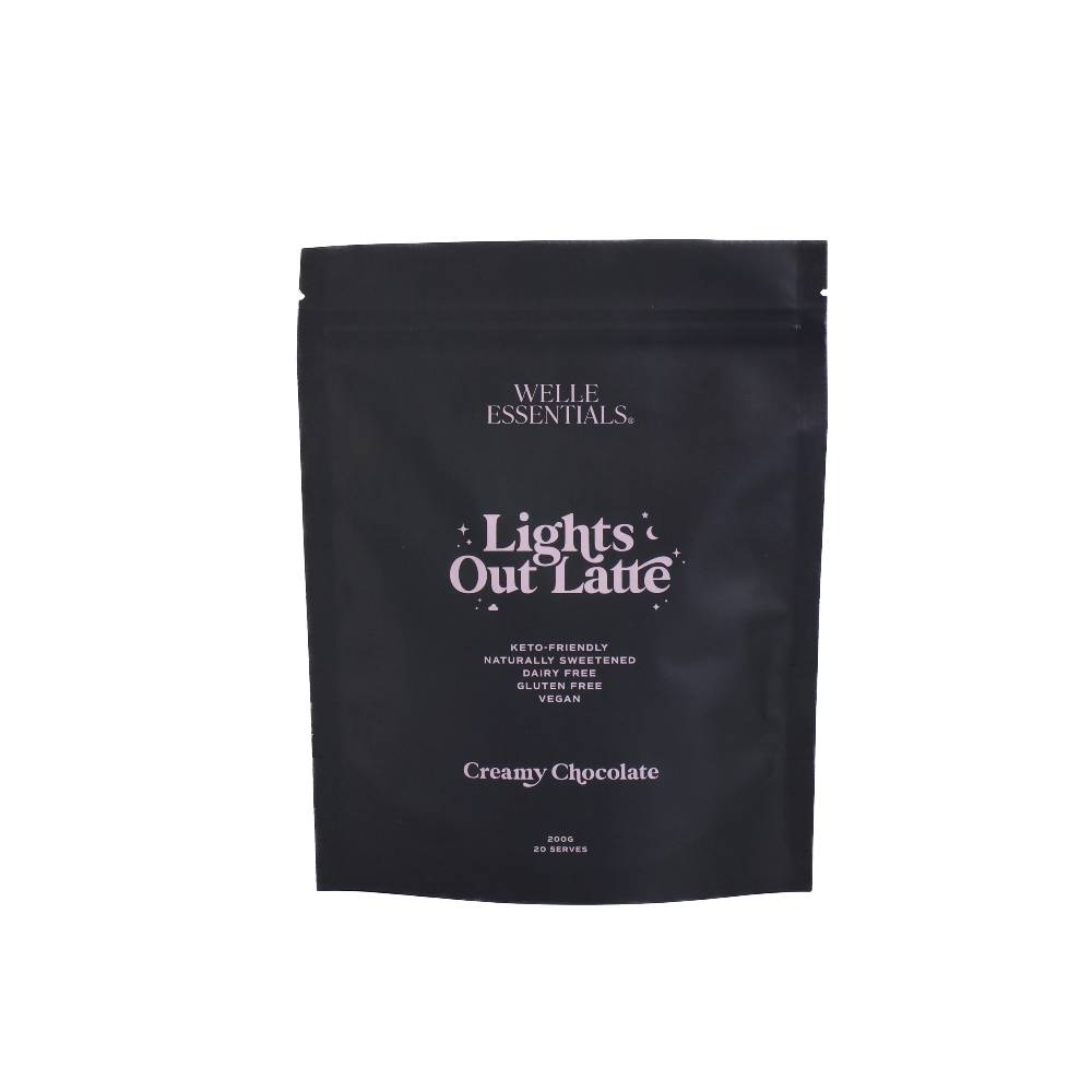 Navy latte drink pouch against white background