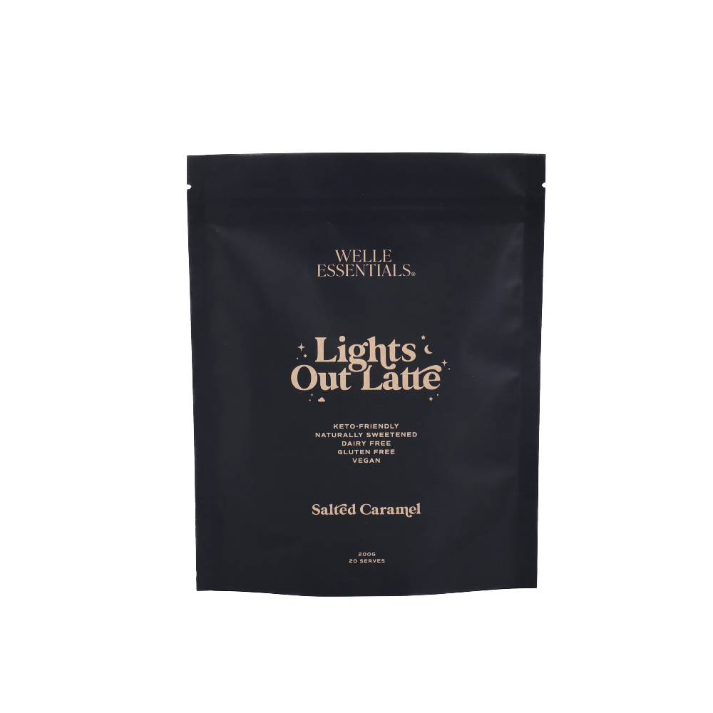Navy latte drink pouch against white background.