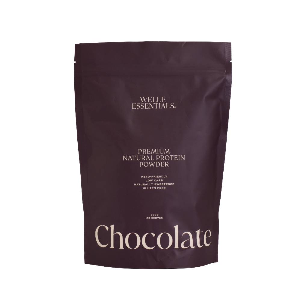 Brown protein powder pouch against white background.