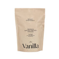 Cream protein powder pouch against white background.