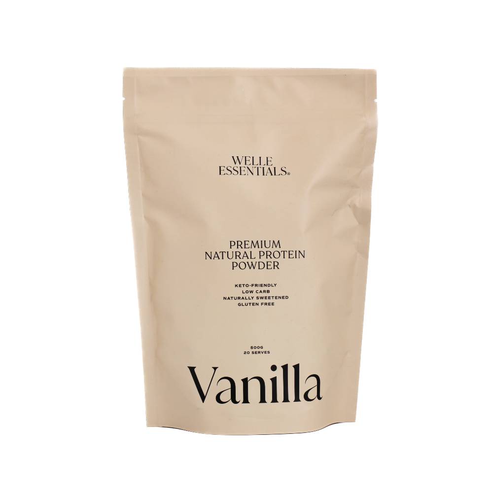 Cream protein powder pouch against white background.