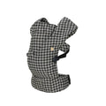 A black and grey baby carrier on a white background. 