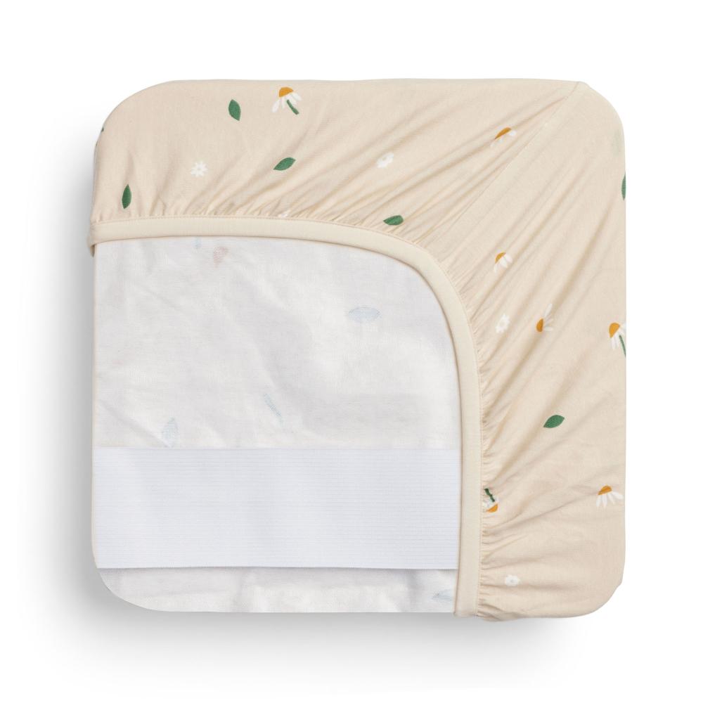 A waterproof fitted sheet shown on a mattress in Daisy Sprinkle pattern