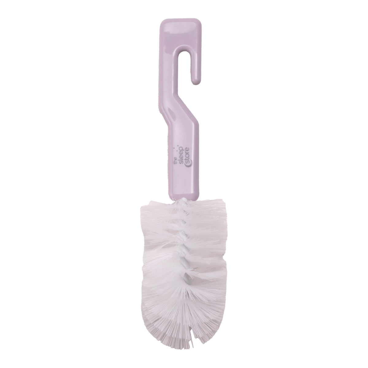 White bottle brush with purple handle and sleep store branding on a white background