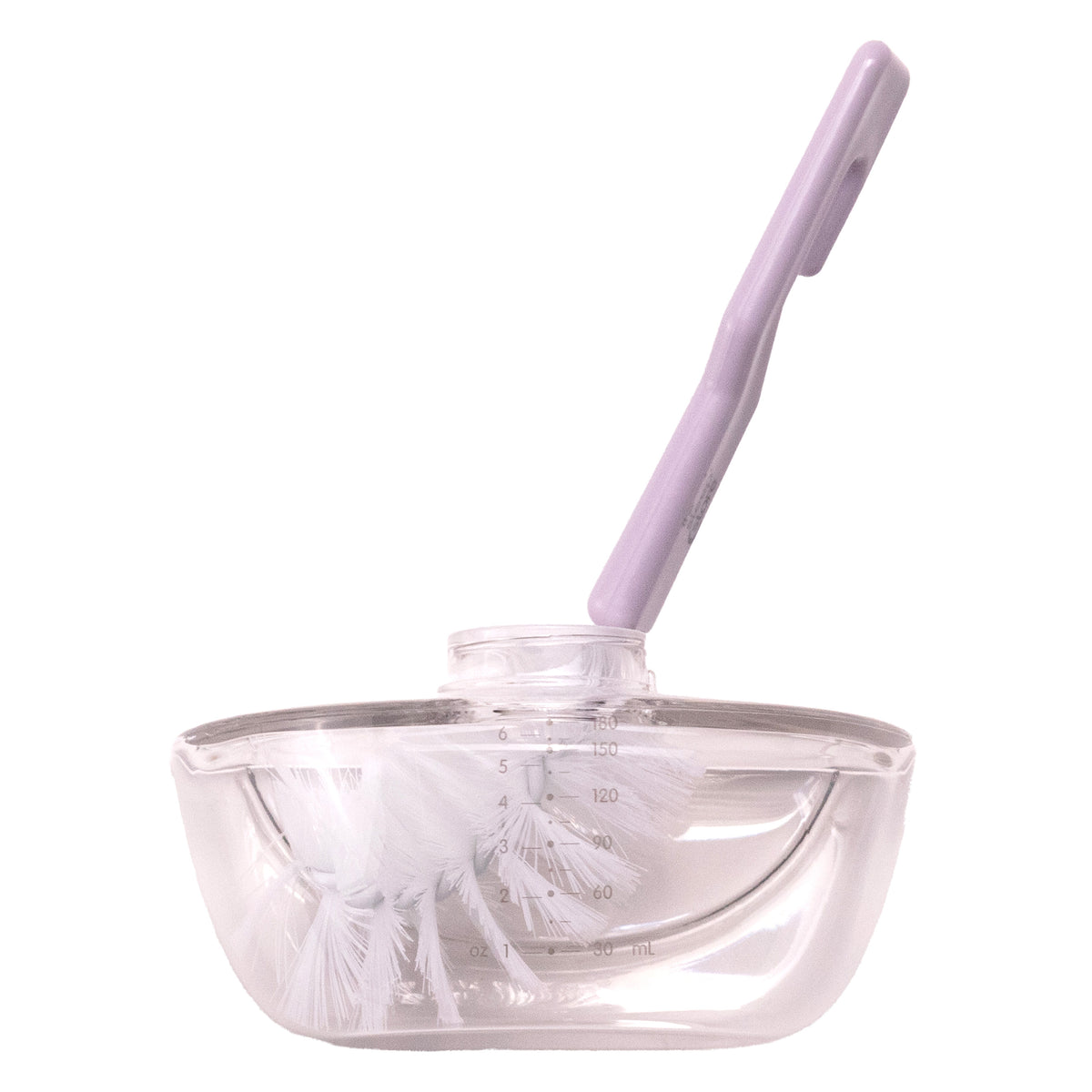 Clear plastic bottle with purple bottle brush on a white background